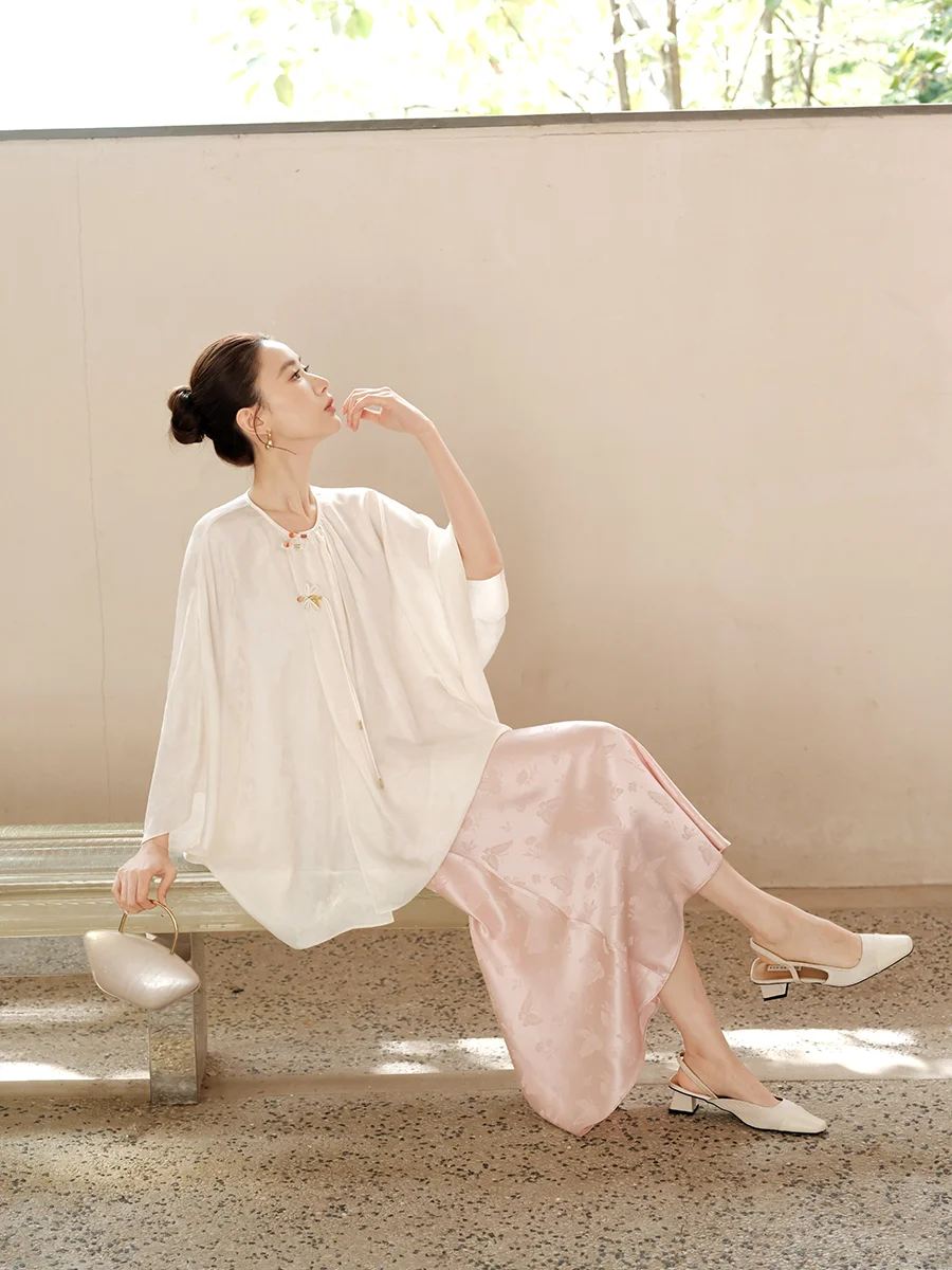 

New Chinese Sle Loose Silk Women's Top round Ne Long irt Cover up Spring Early Morning Tea Ceremony Traditional Costume