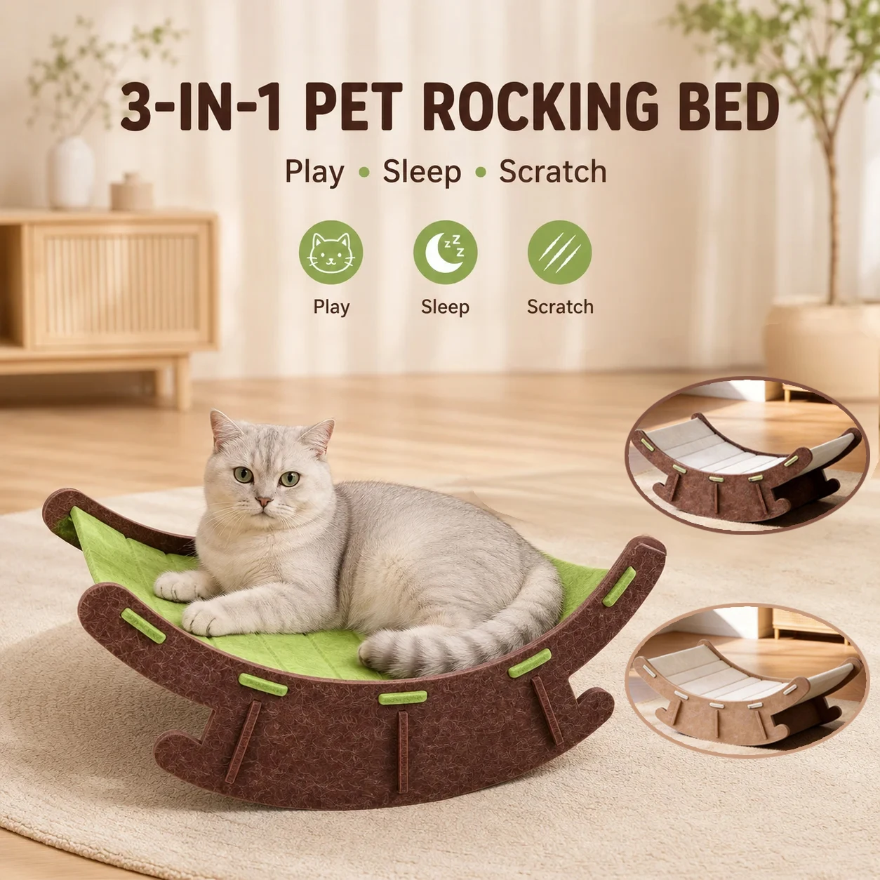 Three-in-One Cat and Dog Rocking Chair with Cat Scratch Pad - Durable for All Seasons - Integrated Cat Bed and Rocking Chair