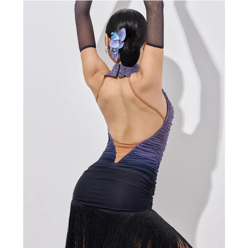 Customized DAVID 【 Dress 】 Women's Latin Practice Dress High Collar Black Purple Gradient Wrinkle Large Open Back Clothes DW249