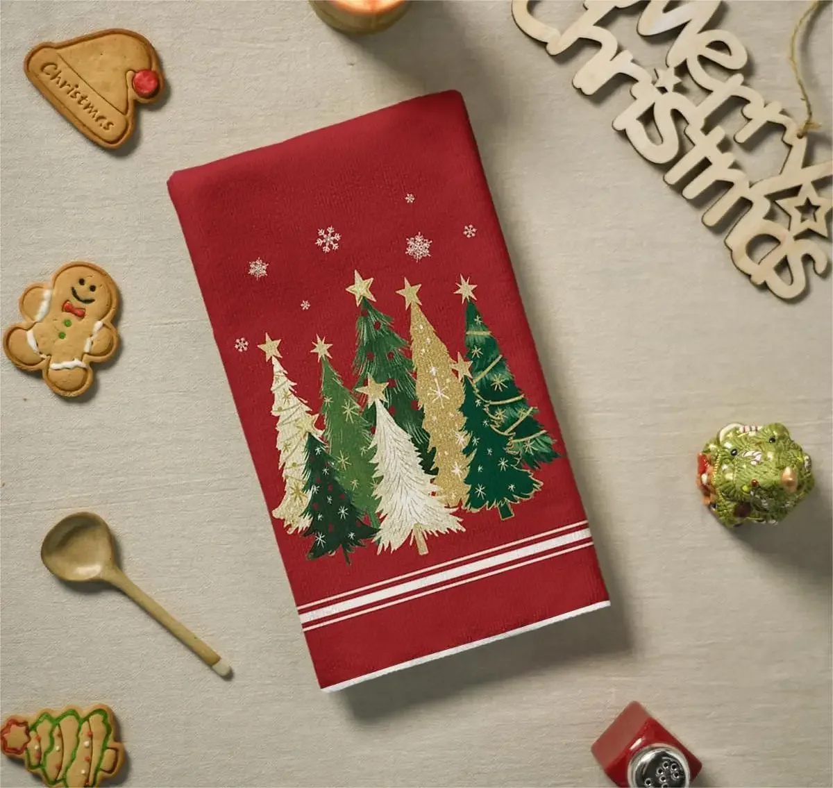 قطعتان، مناشف المطبخ لشجرة عيد الميلاد النجمية، مجموعة مناشف 40 سم * 60 سم، قماش تنظيف ناعم فائق الامتصاص، منشفة شاي الخبز والطبخ #2