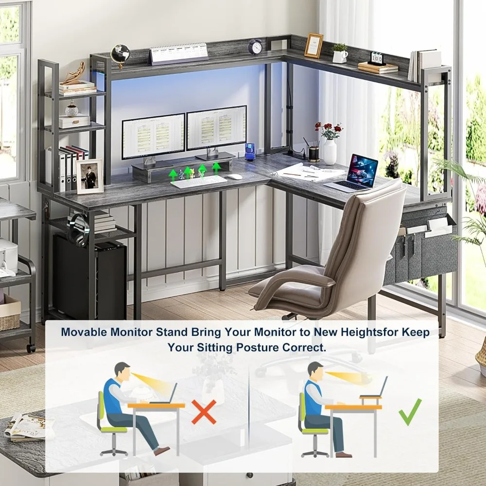 Reversible Home Office Desk L Shaped Desk With Power Outlet Gaming Computer Desks Gamer Table for Pc Grey Oak Laptop Table Bed