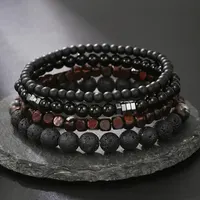 4Pcs/Set Black Gall Stone Volcanic Stone Wood Beads Multi-layer Men's Combination Elastic Bracelet For Couple Friends Jewelry 2