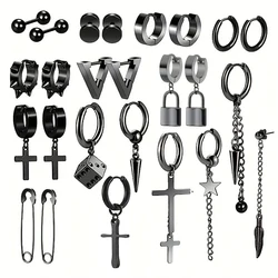 25pcs Men's Black Stainless Steel Earrings, Cross Lock Pentagram Pendant Hoop Earrings, Ear Piercing Jewelry