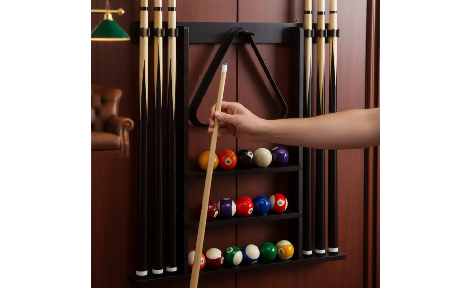 Billiard Cue Rack Black Finish Billiard Cue Stand Game Furniture Easy to Install Sports Storage Scratch Protection for Club Room