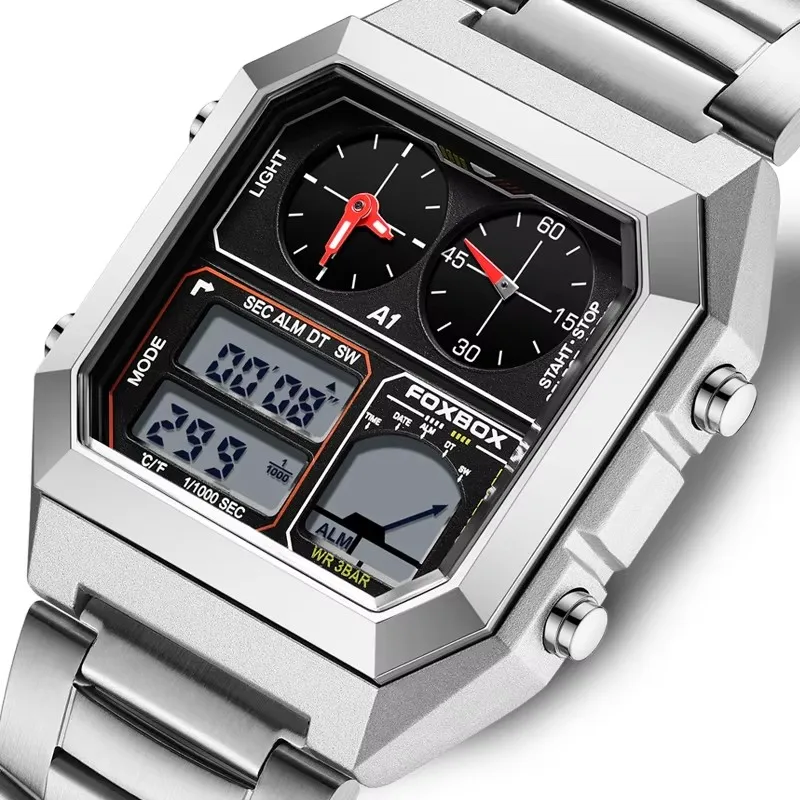 FOXBOX Men's Electronic Watch Fashion Calendar Luminous Waterproof Stainless Steel Strap Alarm Clock Sports Digital Watches+Box