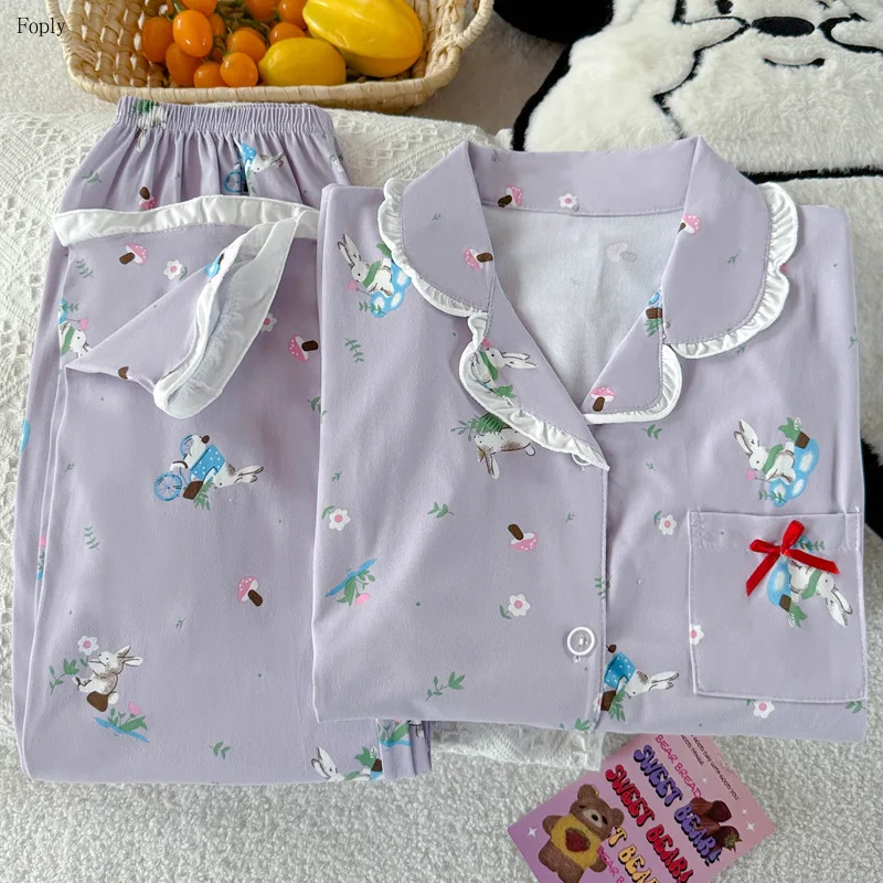 

Women Sweet Lace Purple Pajama Set Spring Autumn 2Piece Thin Cartoon Pyjama Sleepwear Long Sleeve Pants Pijama Pjs Home Clothing