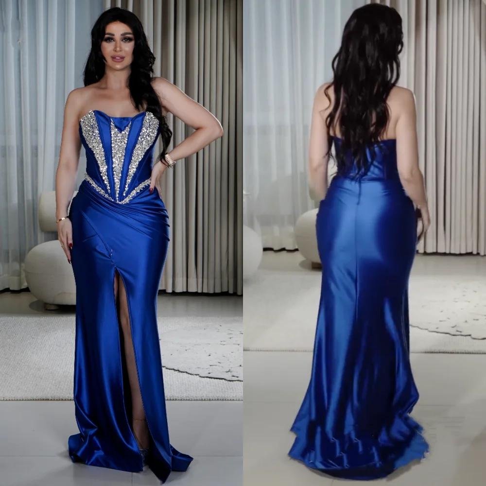 

Customized Classic Exquisite Charmeuse Sequined Pleat Trumpet Strapless Long Dresses Bespoke Occasion Sexy