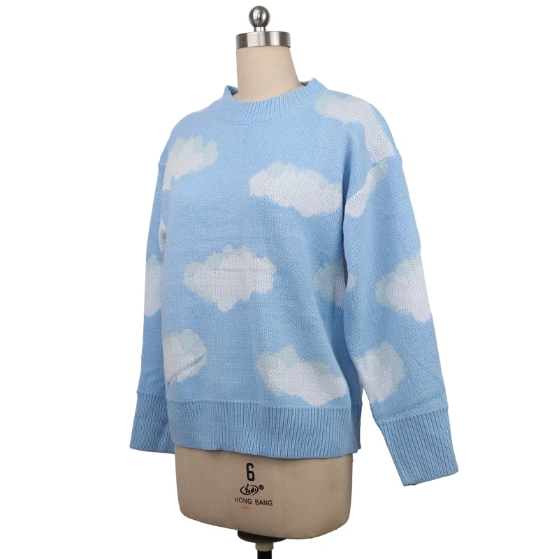 Women Autumn Long Sleeve Neck Sweater Korean Harajuku Sweet Cloud Print Tunic Tops Oversized Loose Knitted Pullover Jumper