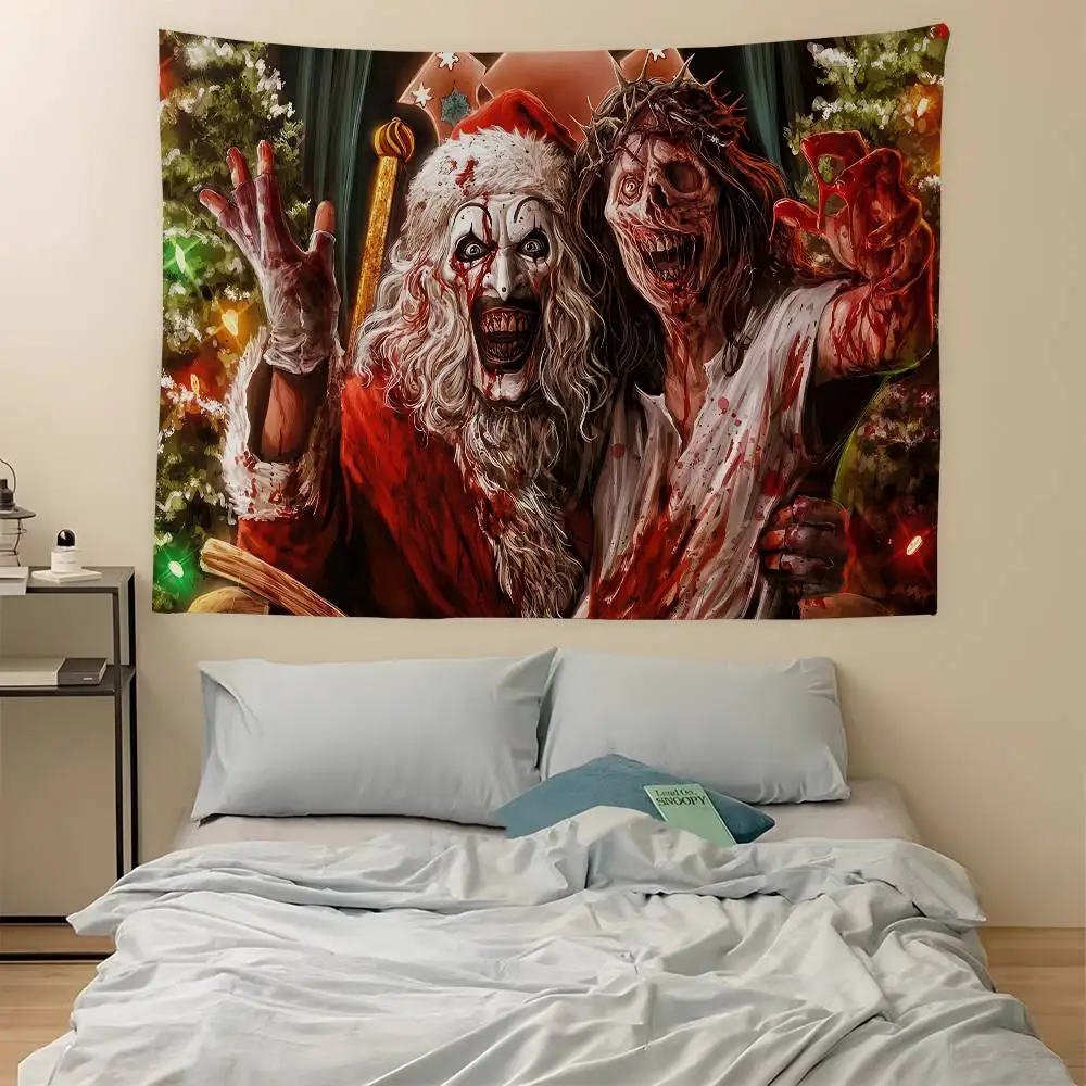 T-Terrifier 3 Horror Clown Movie Printed Wall Tapestry Indian Buddha Wall Decoration Witchcraft Bohemian Hippie Decor Blanket
