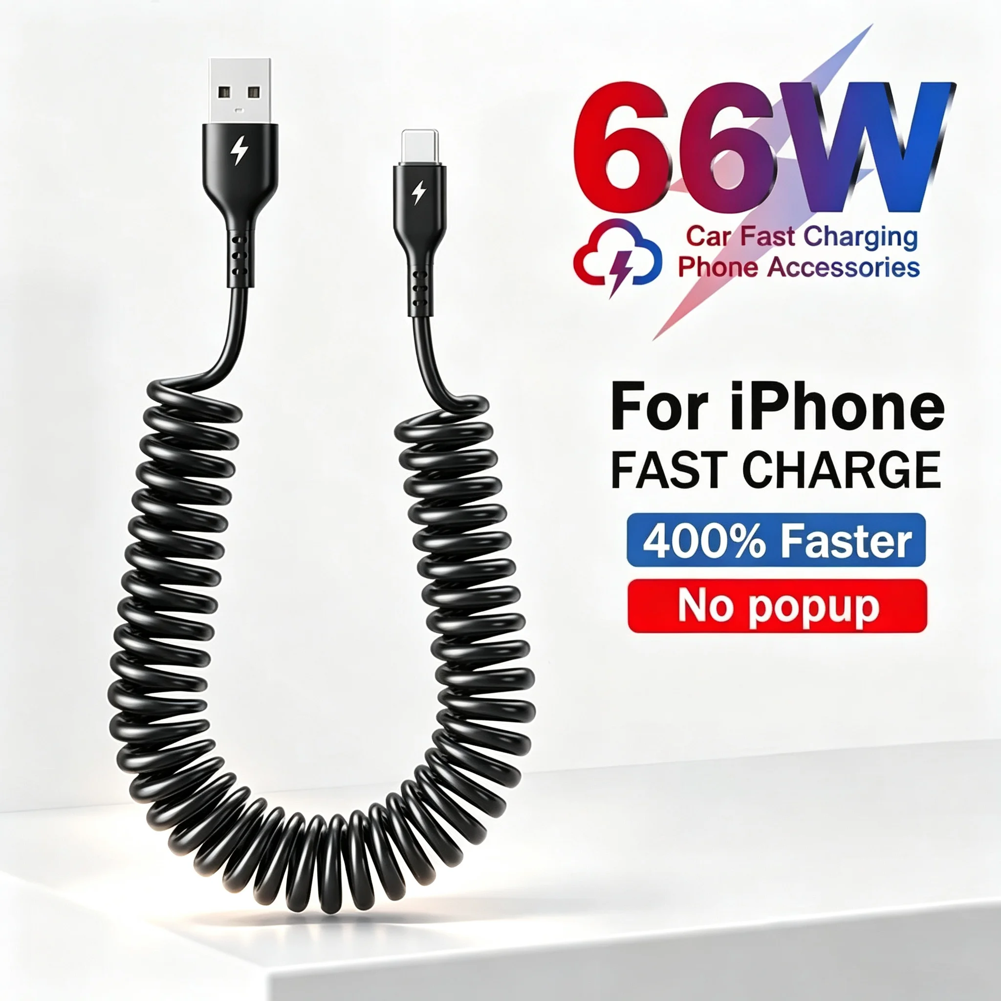 66W spring telescopic fast charging cable Type-C 5A vehicle charging data cable Suitable for Samsung/Apple