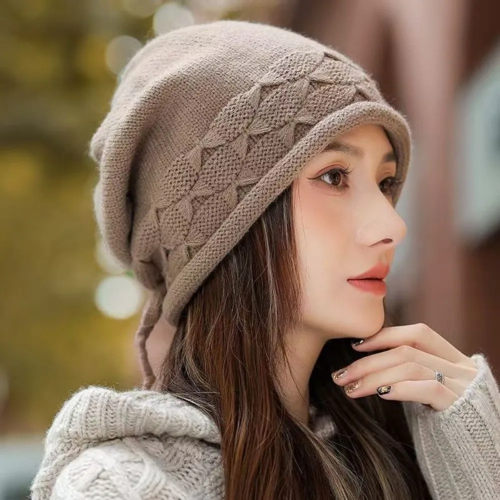 

New Windproof Beanie Hat Cold Proof Keep Warm Knitted Hat Drawstring Ear Protection Cap Women