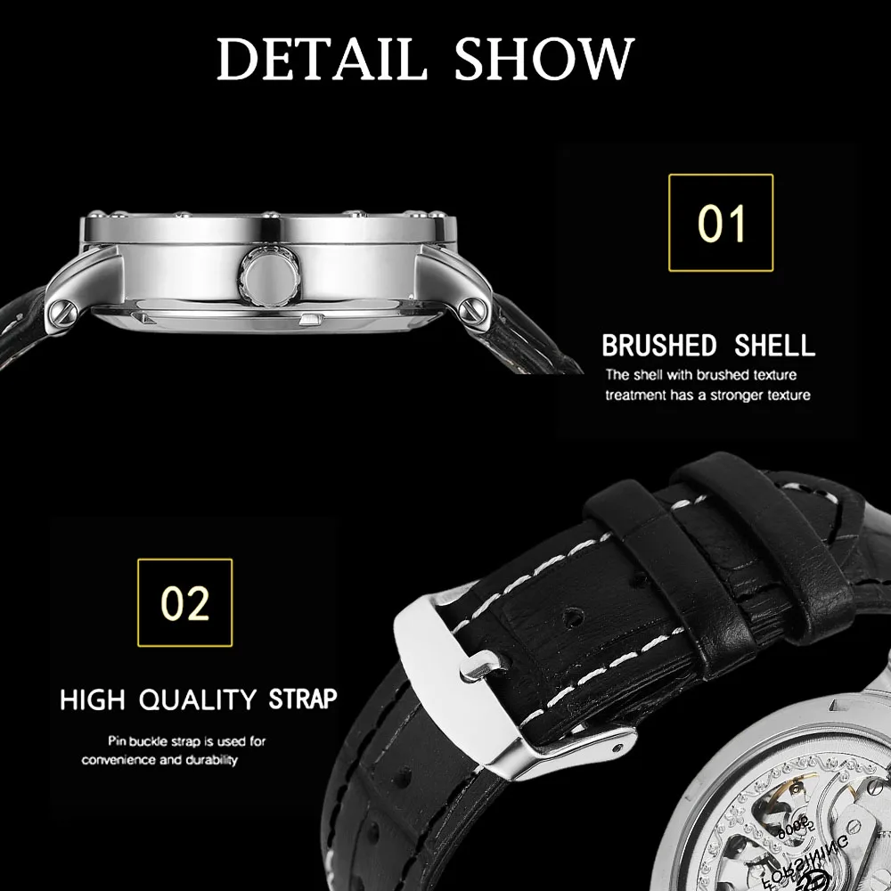 FORSINING Trendy Classic Mens Watches Engraving Automatic Mechanical Rivet Inlay Case Leather Strap Luxury Business Wristwatches