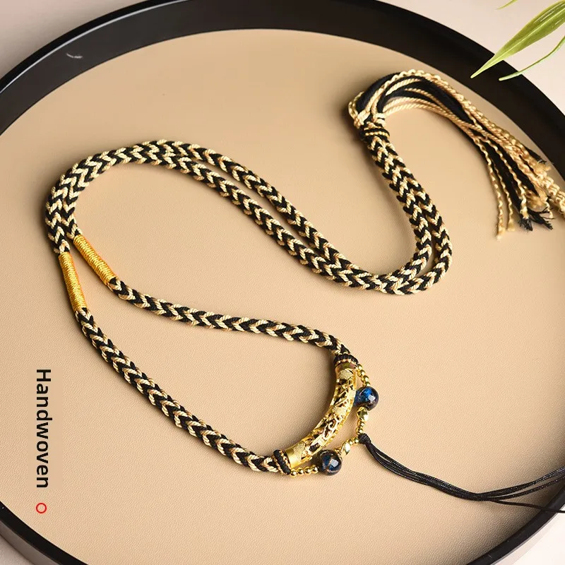 Unique Traditional Chinese Tibetan Style Hand Woven Black Gold Lucky Necklace Rope For Thangka Amulet Buddha Pendant Auspicious