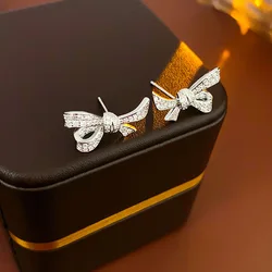 Silver Needle Light Luxury Zircon Bow Knot Small and Exquisite Elegant and High Grade Earrings for Women Jewelry.