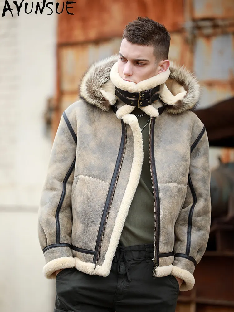AYUNSUE High-end 100% Natural Fur Coat Man Fashion Classic Real Sheepskin Shearling Jacket with Hood Warm Fur Coats Men Winter