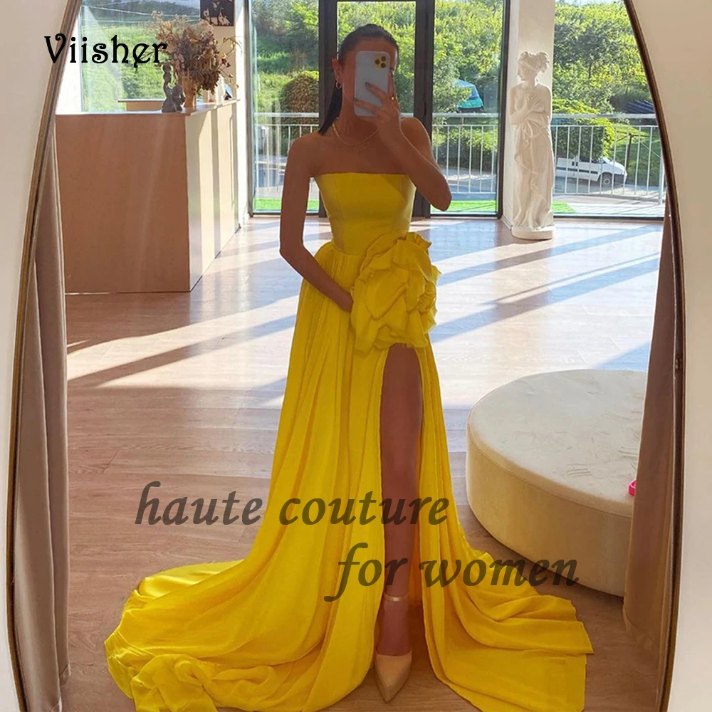 

Yellow Chiffon Evening Dresses with Slit Flower Strapless A Line Prom Party Dress with Train Long Formal Occasion Gowns