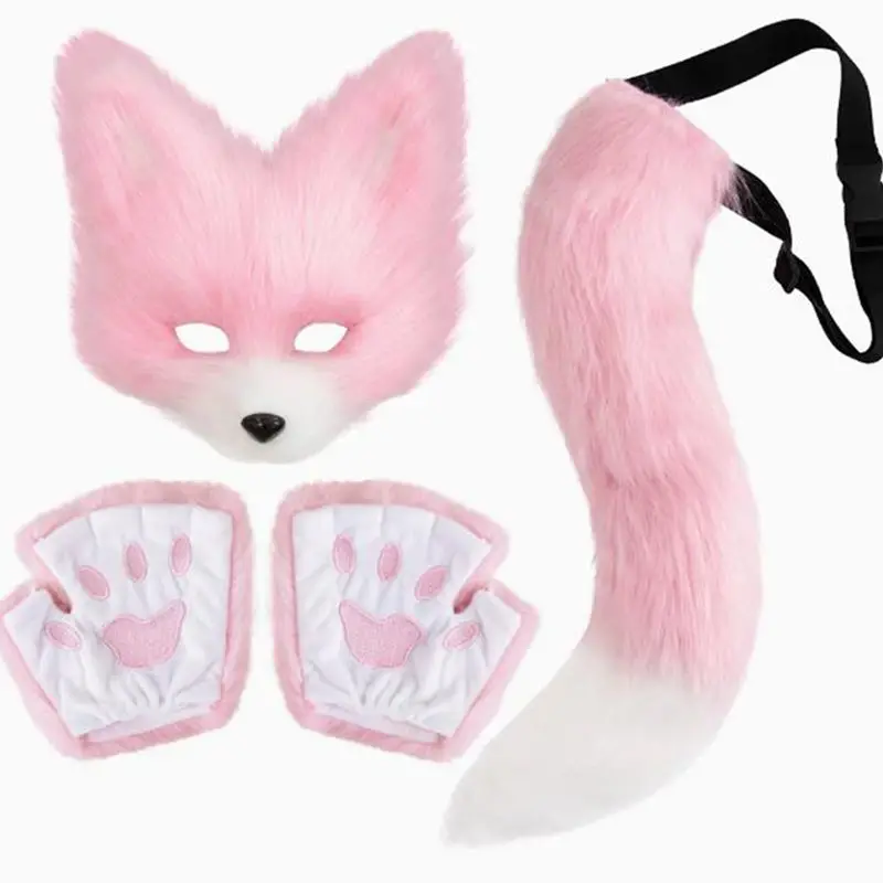 Fuzzy Fox Facewear and Tail Gloves Set for Women Halloween Accessories