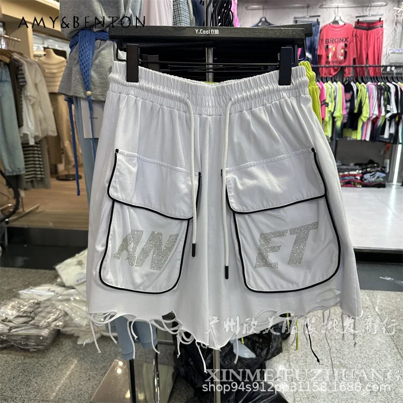 

American Street Style Short Pants Fashion Rhinestone Letter 3D Pocket Washed Hole Trendy Versatile Loose Elastic Waist Shorts