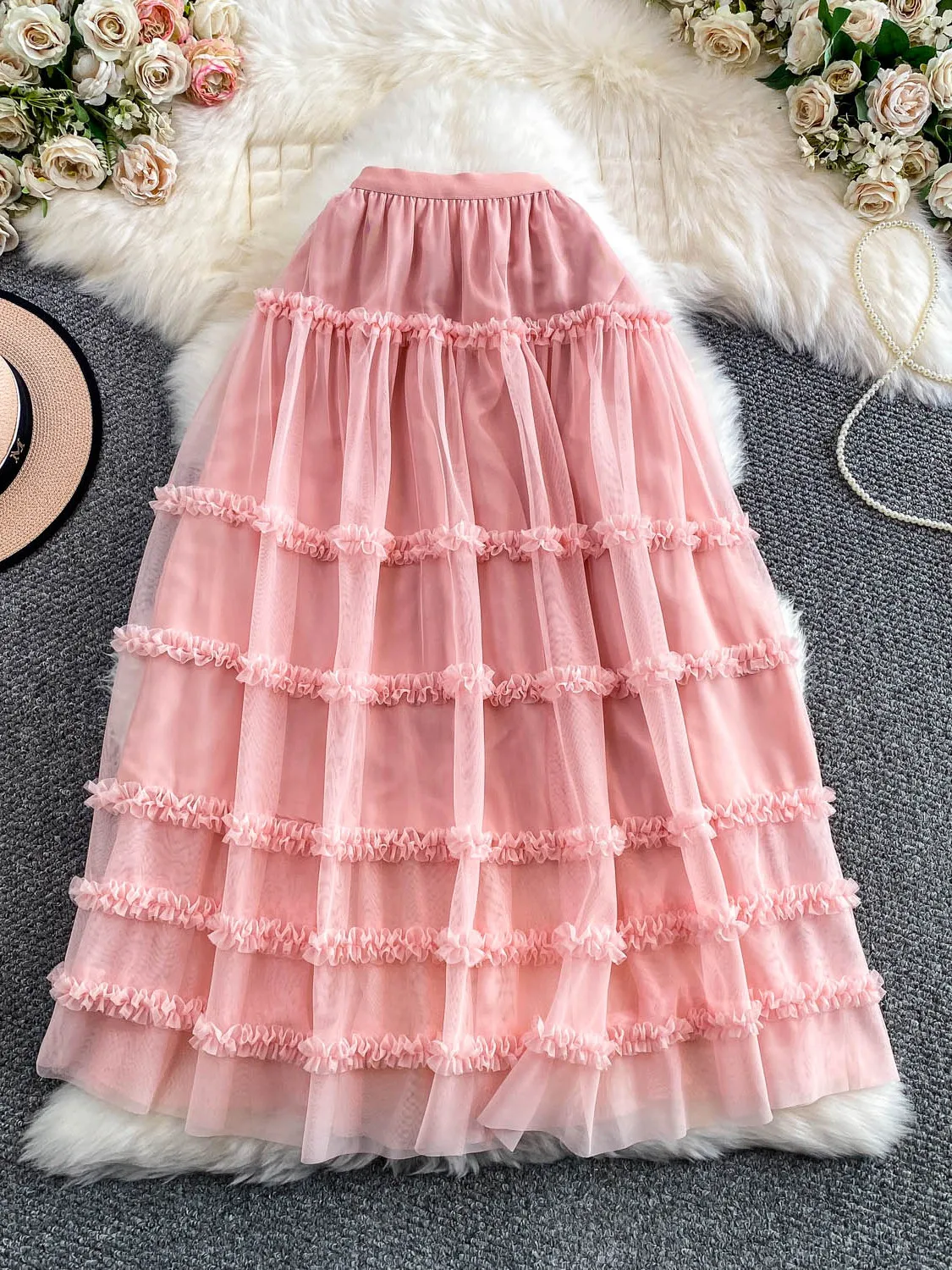 Ele Sweet Fairy Me f falda de cintura alta adelgazante 3D flor pastel falda larga mujer Otoño Invierno Faion Ci Commute