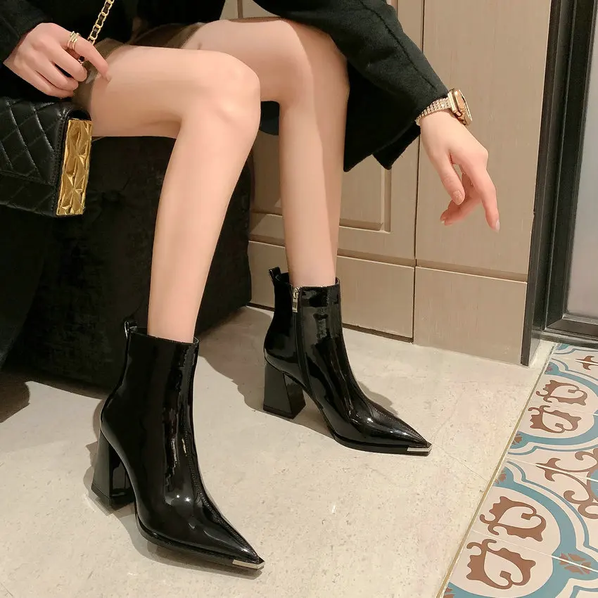 QUTAA 2024 High Heels Women Ankle Boots Zipper Autumn Winter Genuine Leather Shoes Woman Pointed Toe Office Lady Size 34-39