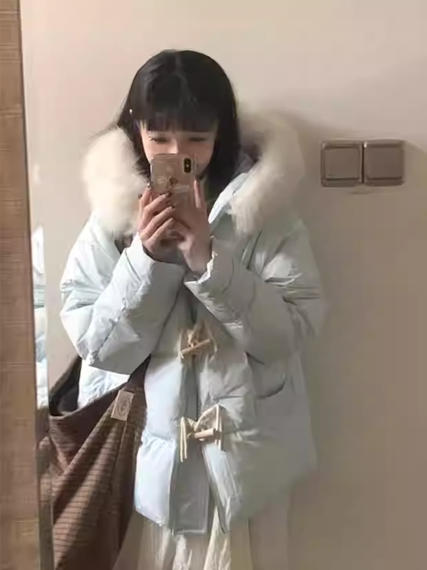 블라 여성용 겨울 패딩 재킷, 테니드 퍼 칼라, 버튼 디자인, 따뜻한 아우터, 한국 스타일, 출퇴근 패션, 롱 슬리브