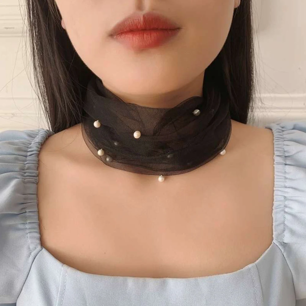 Women Scarf Ruffle Neck Cover Bib Headband Thin Sunscreen Scarves Mesh Fake Pearl Collar Scarf Organza Elastic Small Neckerchief