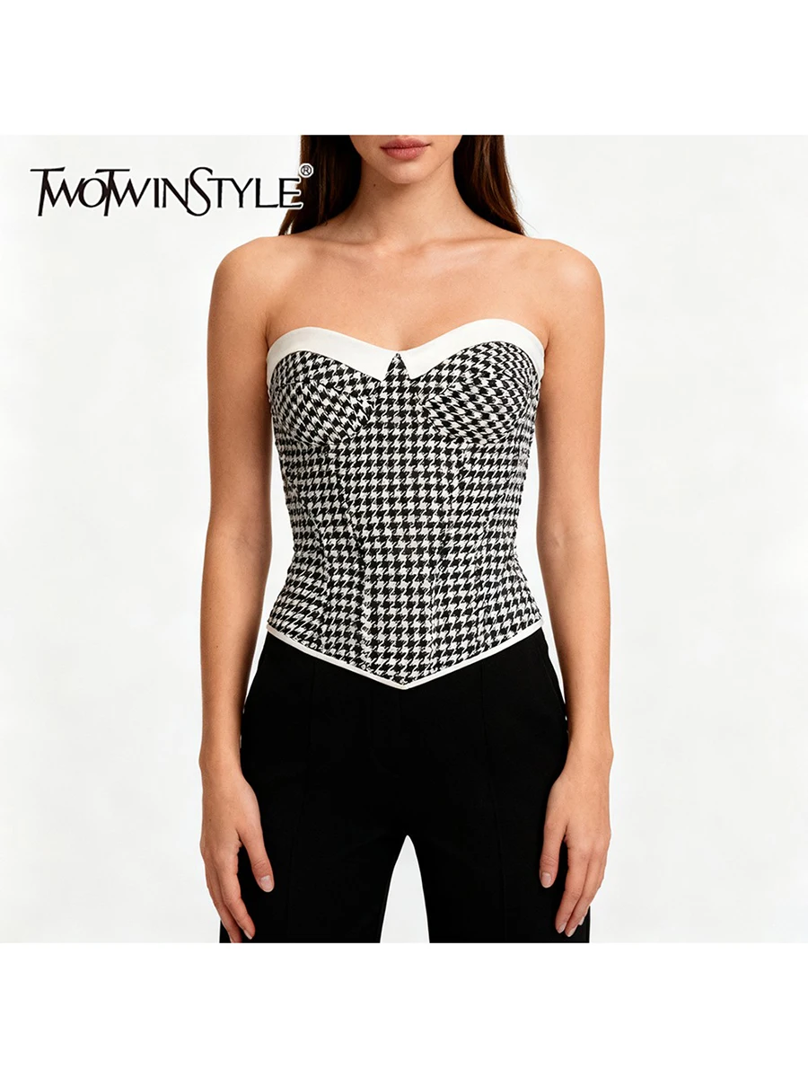 

TWOTWINSTYLE Hit Color Spliced Gingham Fashion Vests for Women Strapless Sleeveless Tunic Temperament Vest Female Autumn Clothes