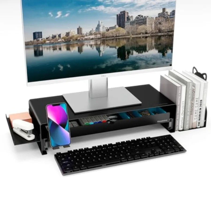 Heavy Duty Metal Monitor Stand with Storage Shelf Ergonomic Riser for Computer Laptop Printer Space-Saving Desktop Organizer in