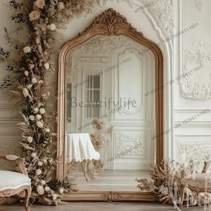 

Household antique antique white floor mirror hand-carved retro gold European full-length mirror