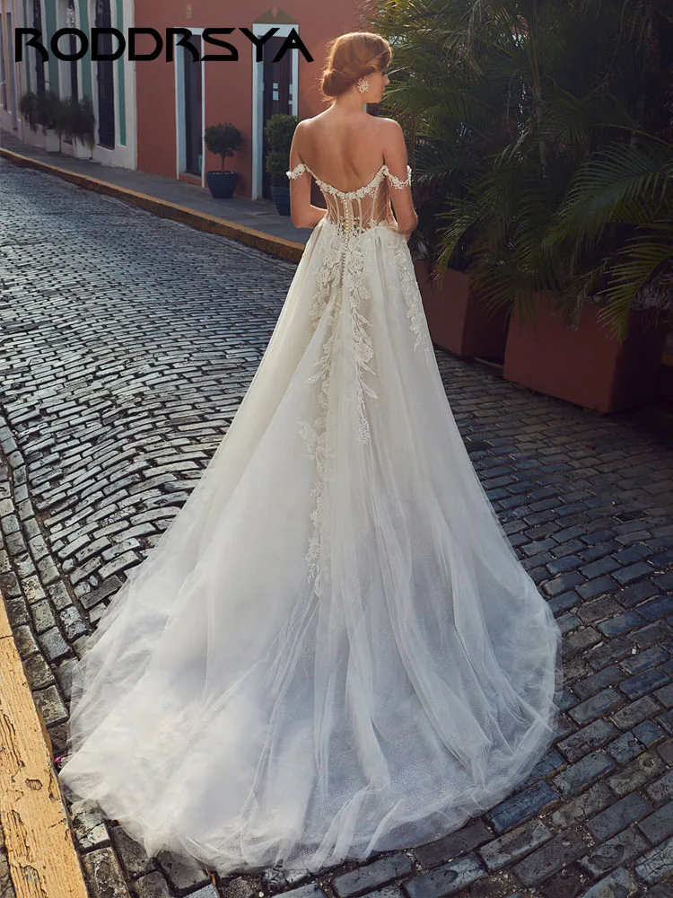 RODDRSYA-Robe de Mariée Trapèze en Tulle et Dentelle, Tenue Élégante avec Perles et Dos aux, Style Boho, pour ixdes Patients Robe de Mariée Trapèze en Tulle et Dentelle, Tenue Élégante avec Perles et Dos aux, Style Boh