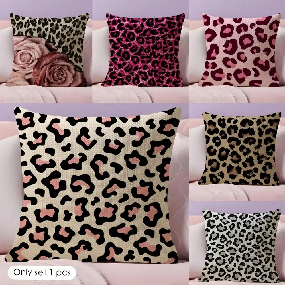 Rosa Leopardenmuster Kissenbezug aus Naturleinen, doppelseitig bedruckt, Zierkissenhülle für Sofa, Couch, Heimdekoration