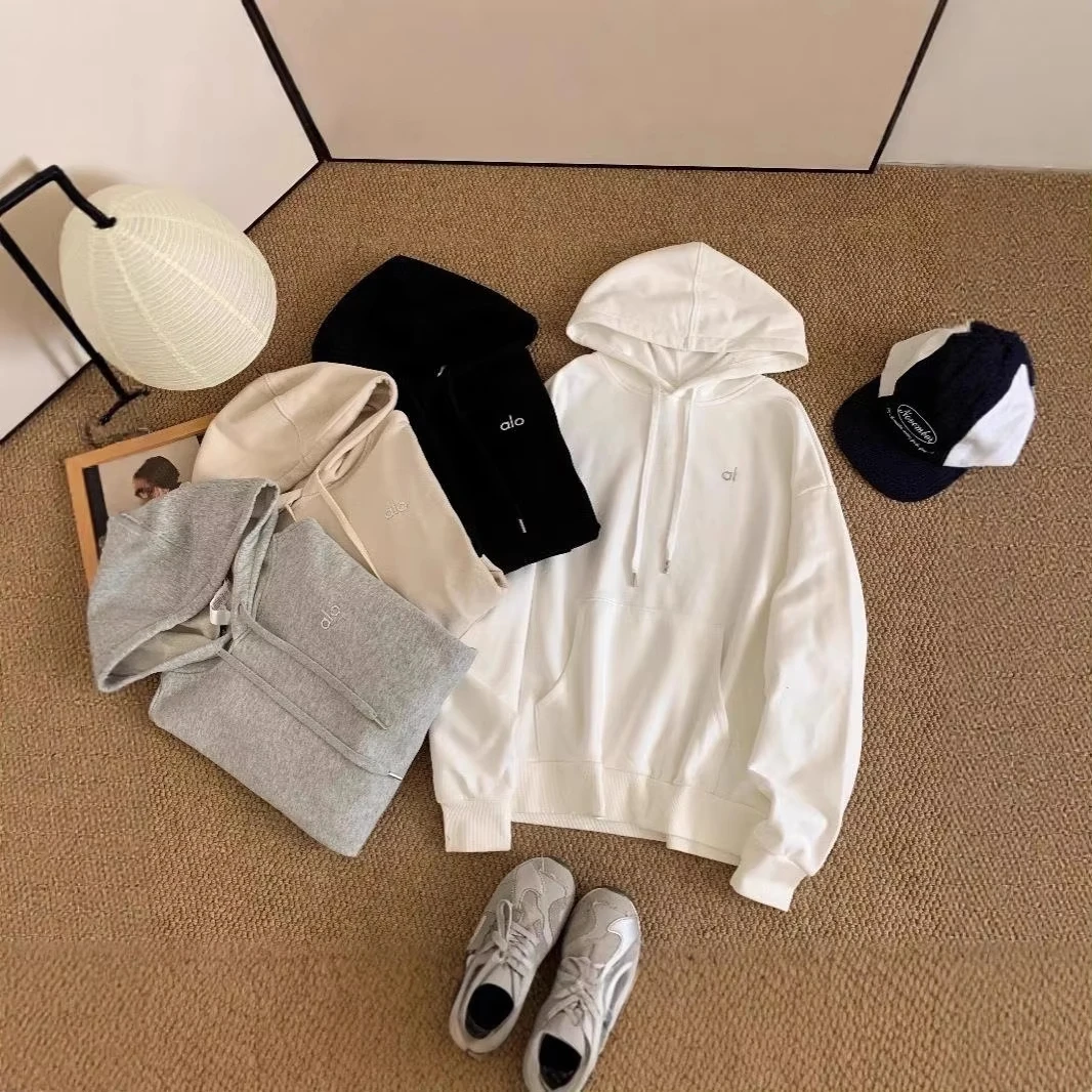 AL Autumn 2025 Felpa con cappuccio edizione ampia tinta unita alta fissata con tasca con coulisse in velluto Felpe con cappuccio unisex casual