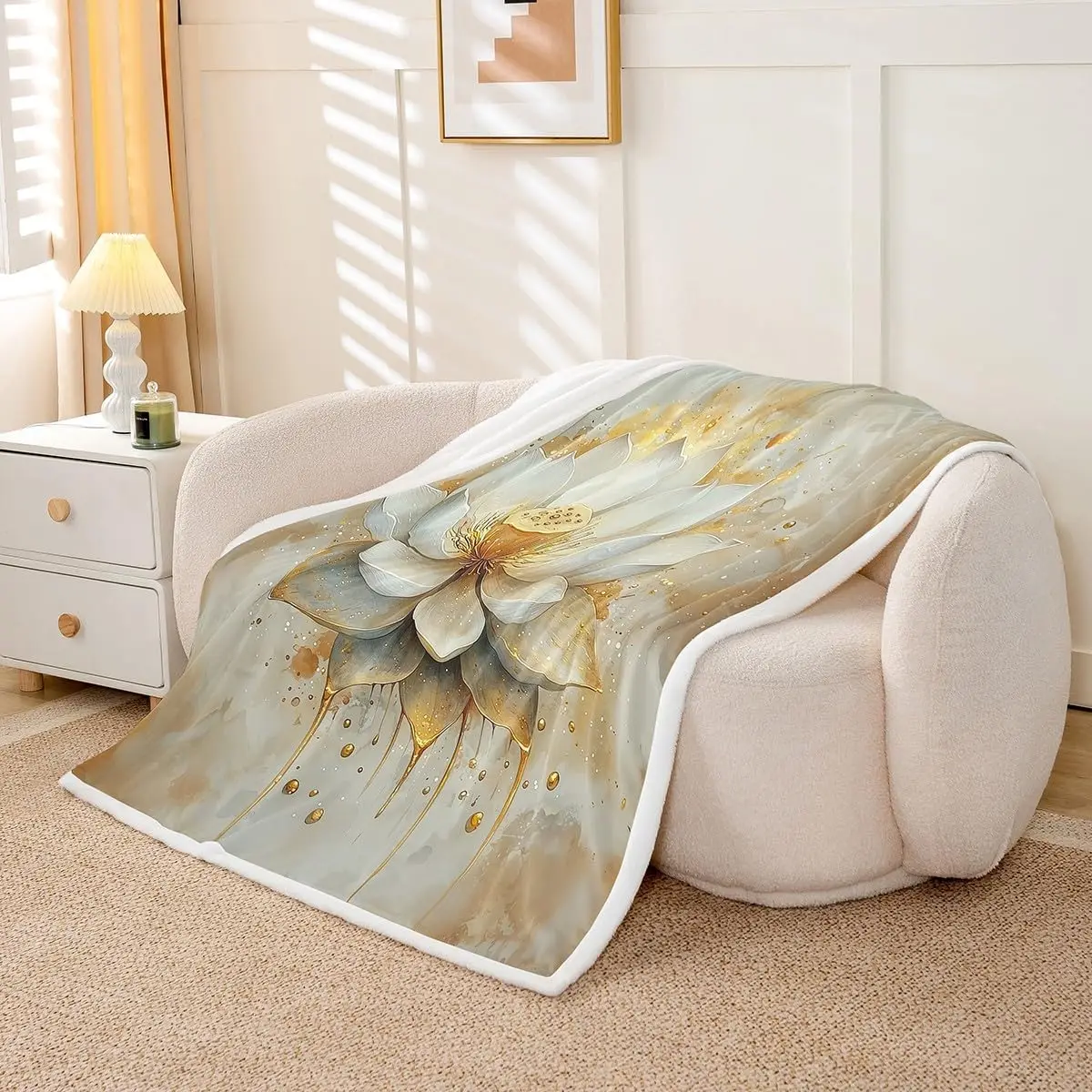 Tree of Life Fleece Blanket Lotus Zen Warm Plush Sherpa Blanket Fall Art Print Floral Fuzzy Plush Throw Tie Dye Gold Room Decor