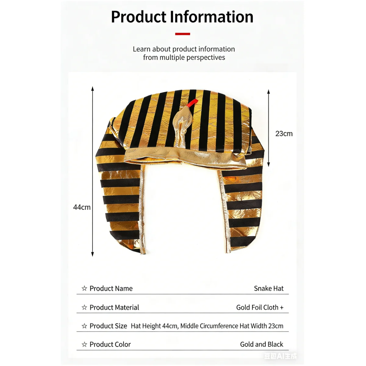 Adorabile cappello da faraone dorato egiziano con design a testa di serpente Accessorio per costume carino Ragazzo Ragazza Prestazioni di Pasqua Masquerade Anime