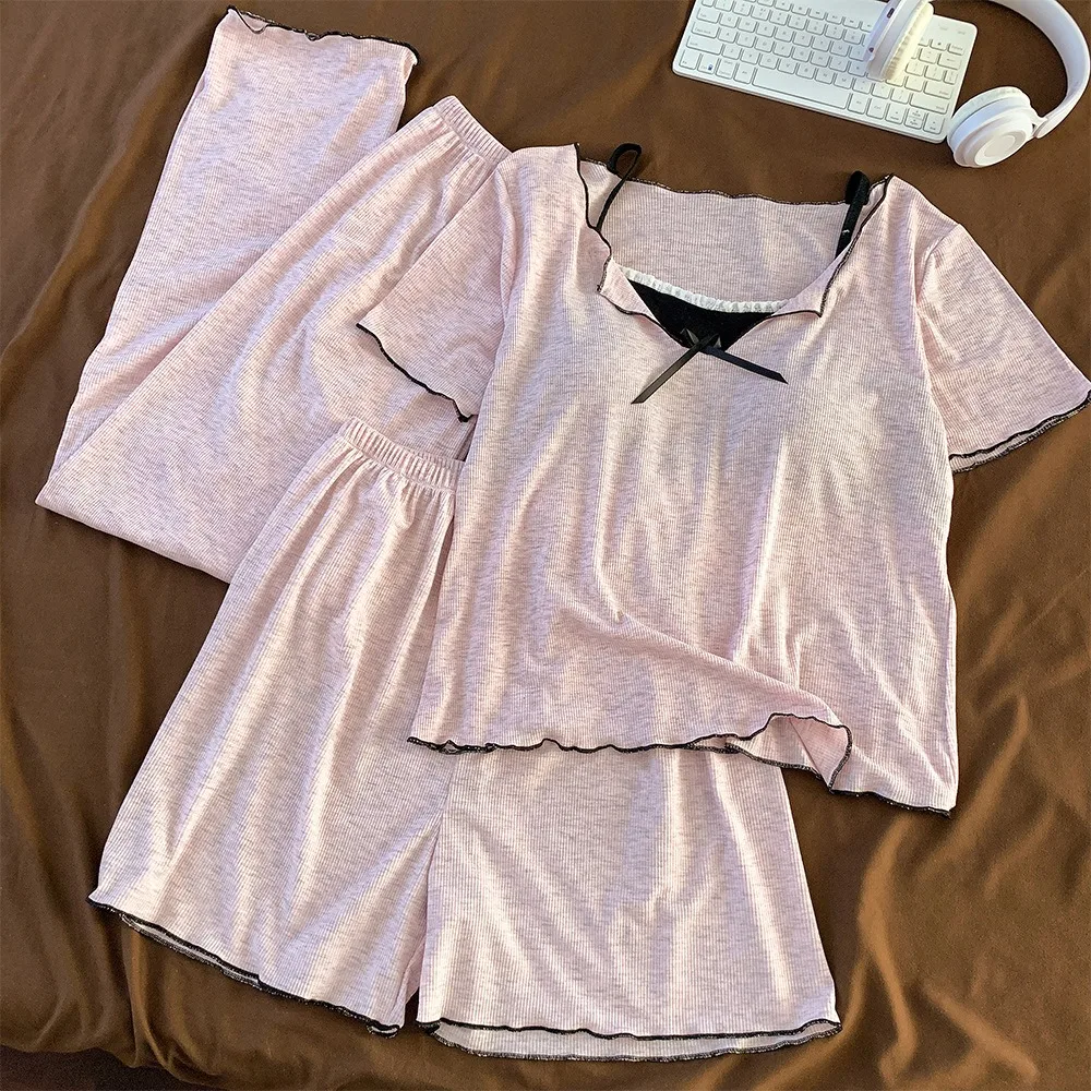 

Modal Short Sleeve Sleepwear Women's Pajamas With Pants Summer Nightwear for Woman Nighty 2026 New Chest Cup 3 Piece Pajamas
