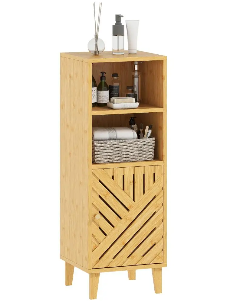 Meubles de salle de bain 32x30x90 cm effet bois naturel avec porte en bambou verni et 2 compartiments ouverts