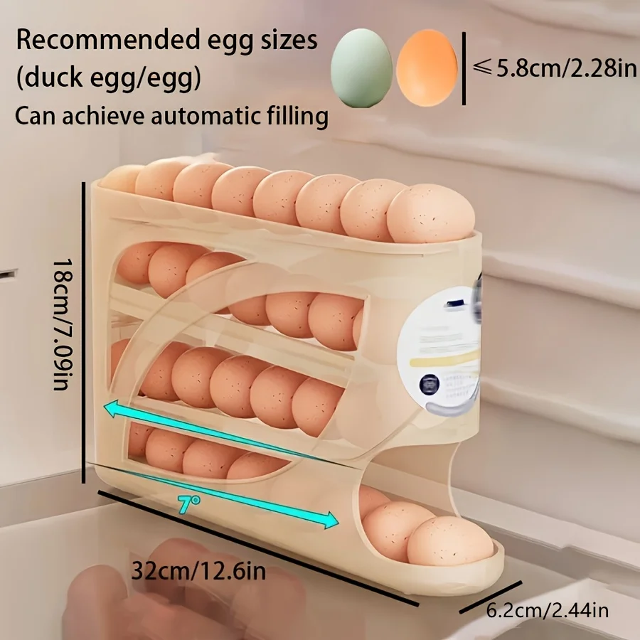 4-Tier Rolling Egg Holder - Space-Saving Side Door Design, Holds 30 Eggs, Smooth Glossy Finish, Convenient Handle