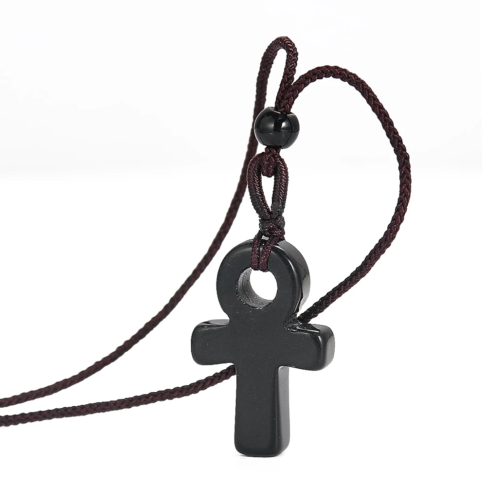 Crux Ansata-collar con amuleto de obsidiana Natural, colgante de Cruz de Ankh, símbolo del antiguo Egipto, manija de la vida, joyería de energía cruzada