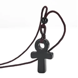 Crux Ansata Charm Necklace Natural Obsidian Ankh Cross Ancient Egypt Symbol of Life Handle Cross Energy Pendant Amulet Jewelry