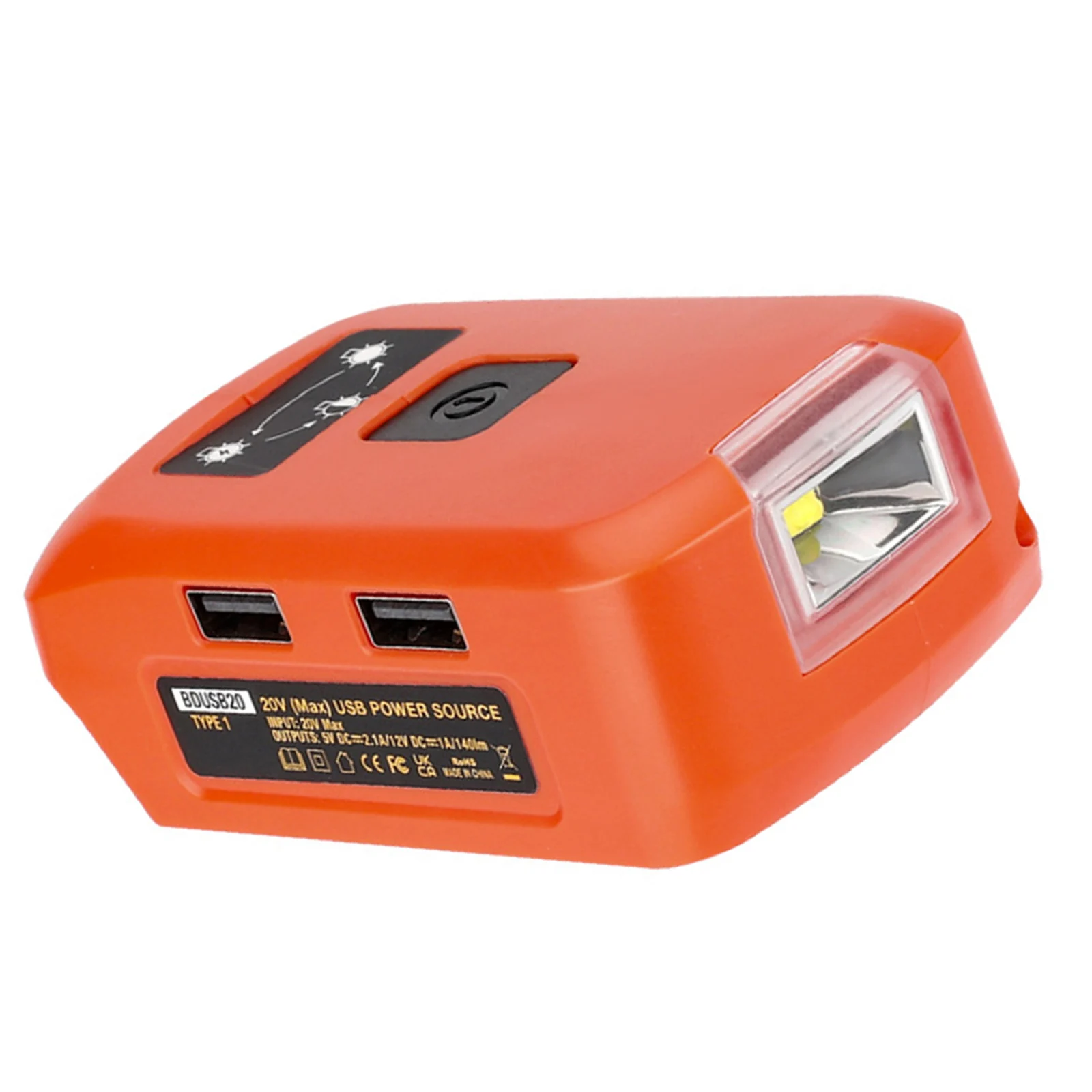 Adaptador de Bateria Ajustável com Porta de Carregamento Dual Usb Conversor Luz Led Modo 20v 140lm Black & Decker 1pc