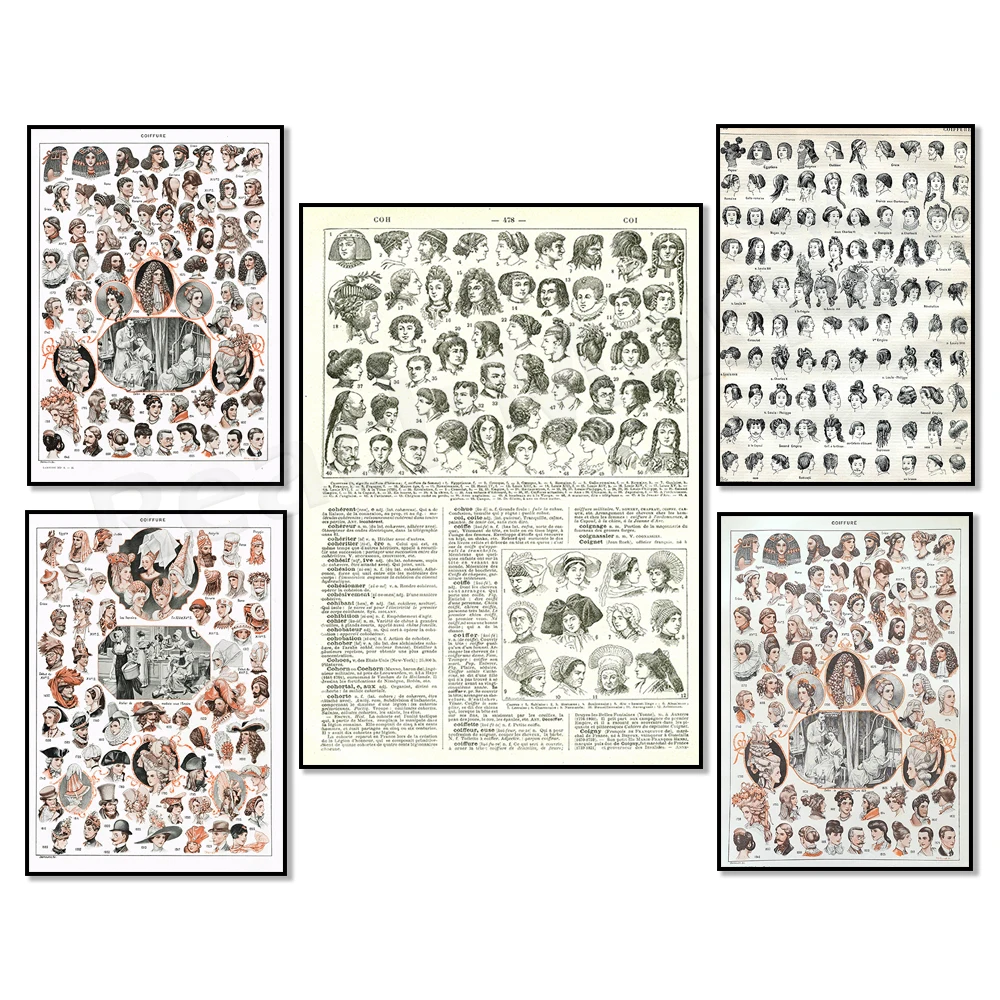 Peinado retro de 1897. Impresión de peluquería y peinados, ilustración original del Larousse francés, regalo para peluquero, póster de peinados