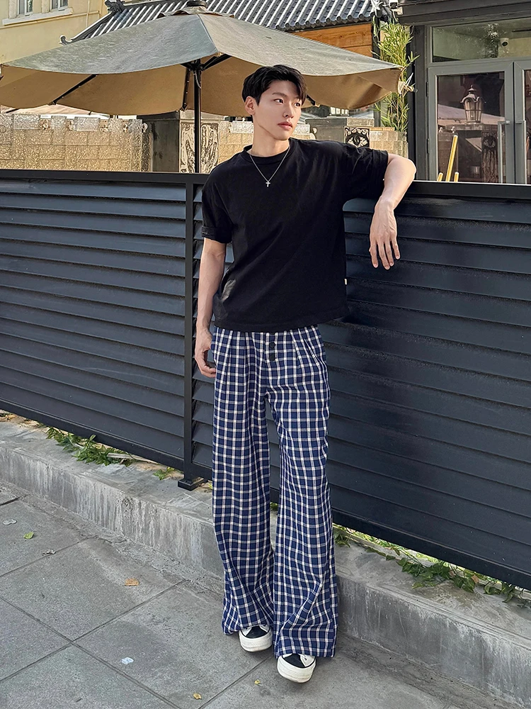 

Синие клетчатые мужские летние свободные брюки Cleanfit с широкими штанинами, прямые повседневные спортивные брюки в американском стиле