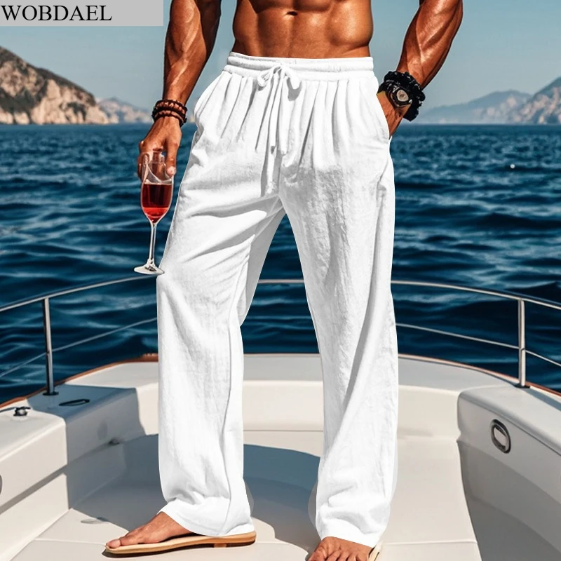 

Mens Linen Drawstring Elastic Beach Pants Casual Lightweight Summer Beach Autumn Trousers Loose Wide Leg Hawaii Pants Streetwear