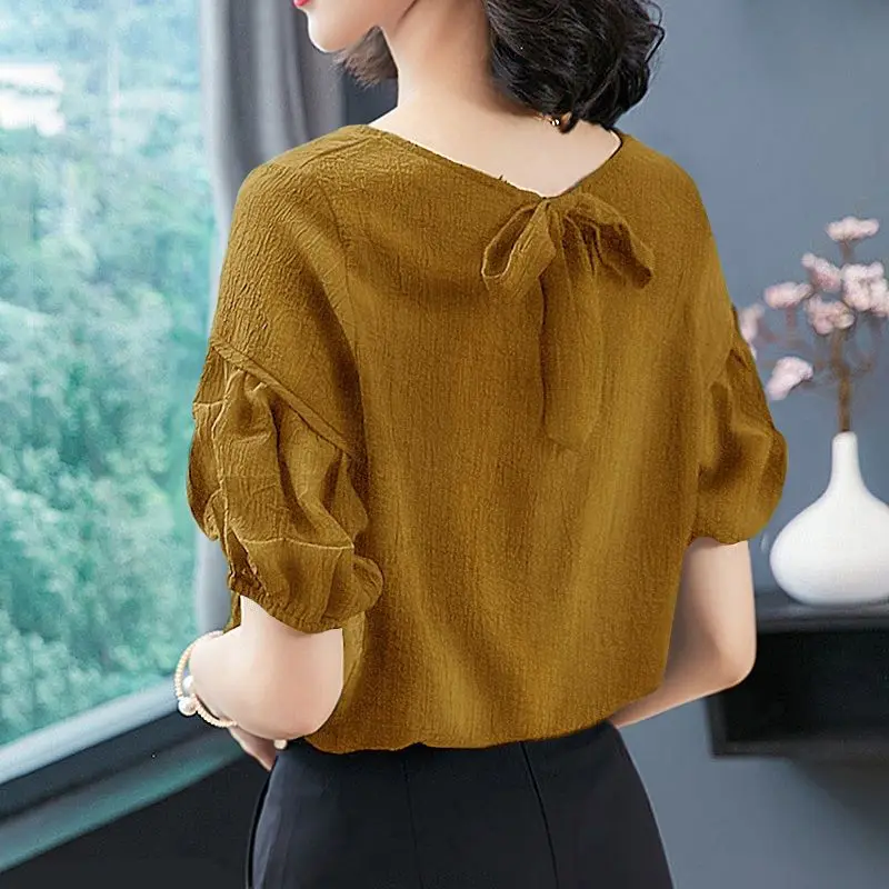 Eisse ide Kurzarm Chiffon Shirt für Frauen Sommer neue solide lose All-Match Aushöhlung Casual Tops Vintage Mode Kleidung