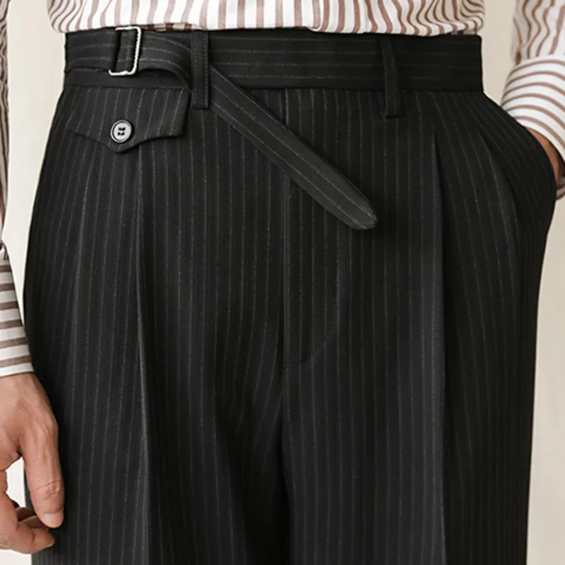 Luxury High Waist Casual Pants Korean Versatile Slim Long Pants Men\'s Fashion Fall Stripe Straight Men Clothes Office Trousers