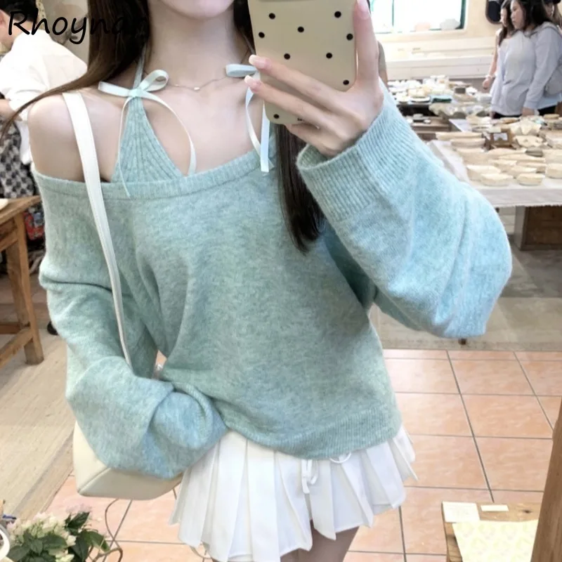 Sweater Sets Women Autumn Sweet Elegant Female Bow Halter Camis Baggy Off Shoulder Pullovers Tender Cozy All-match Korean Style