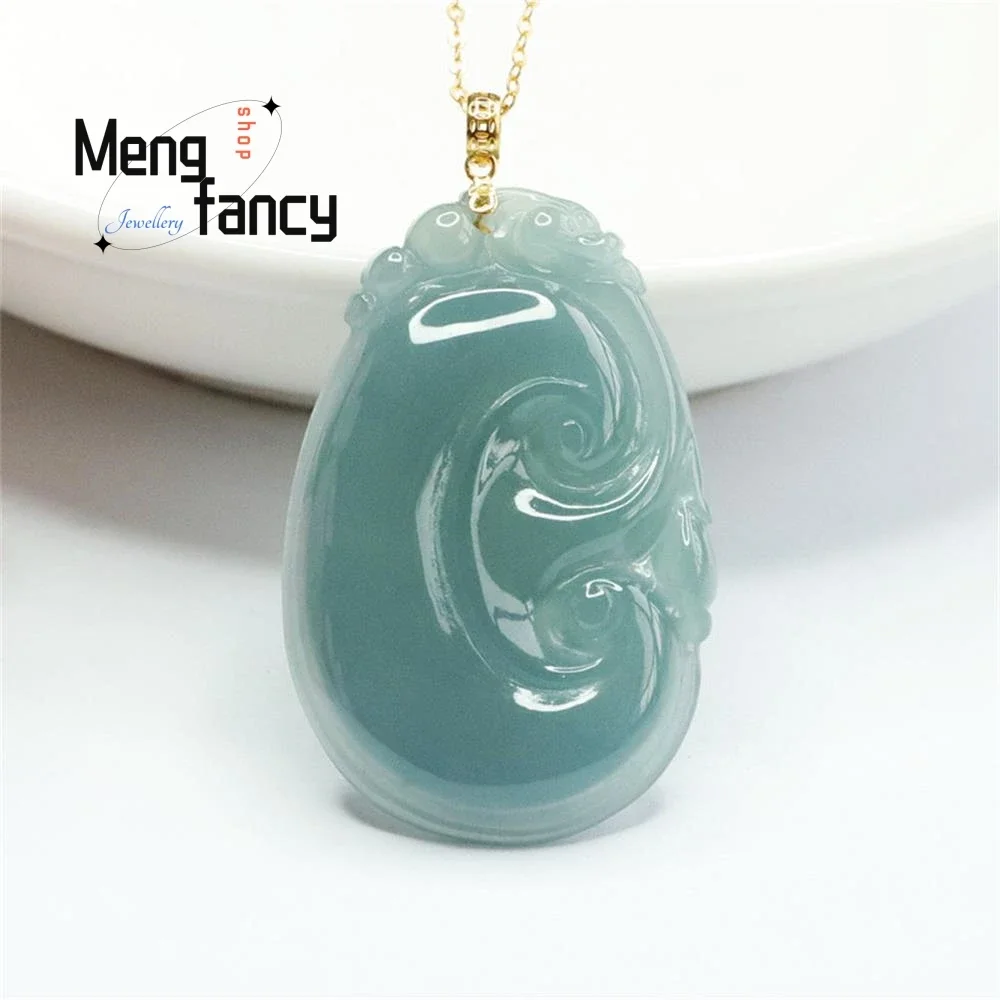 

18K Gold Buttoned Head Natural Jadeite Exquisite Elegant Simple High-grade Pendant Blue Water Ruyi Jade Luxury Fashion Jewelry