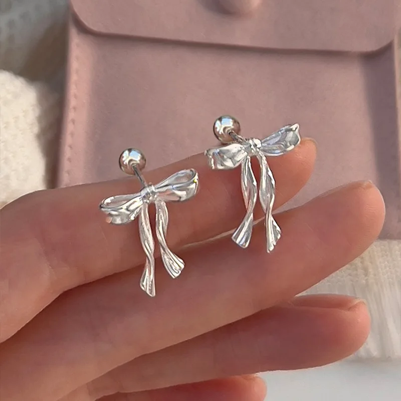 Silver Color Exquisite Sweet Cute Ribbon Bowknot Screw Earrings for Women Girls Fashion Temperament Wedding Party Jewelry Gift