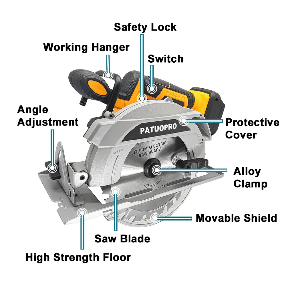 PATUOPRO 1500W Brushless Circular Saw Cordless Electric Saw Stone Woodworking Cutting Power Tools For Makita 18V Battery(No Batt