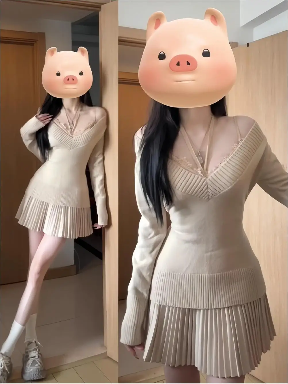 

Sweet And Spicy Long Sleeve V-Neck Slim Fit Knitted Sweater And High Waist Skirt Two-Piece Set for Women Fashionable Aut...